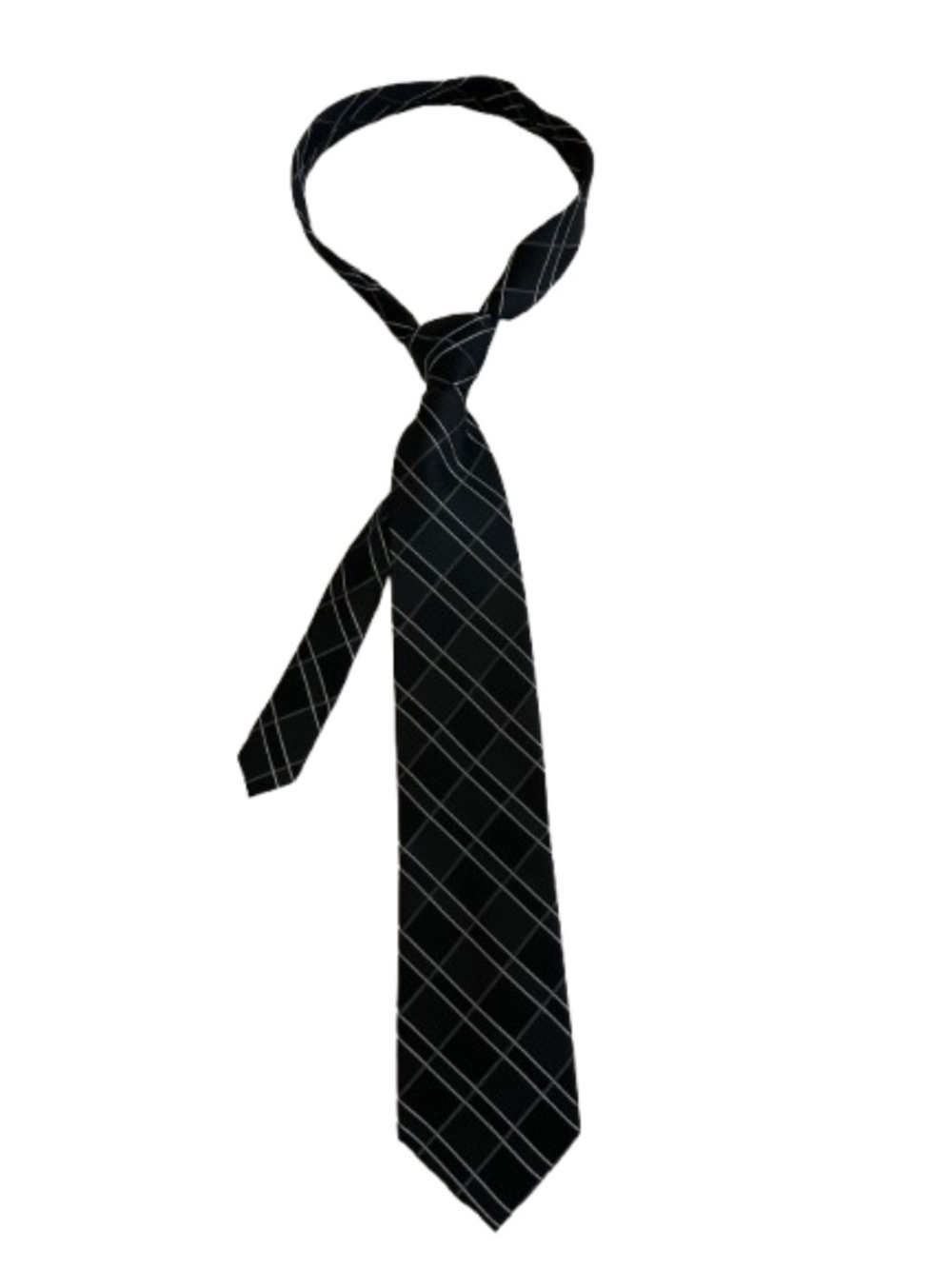 DKNY Elegant Black with Gray & Silver Windowpane Plaid Design 100% Silk Tie